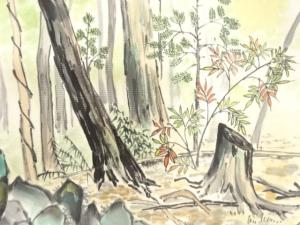 アンティーク　塩瀬　手描き　森林風景模様名古屋帯
